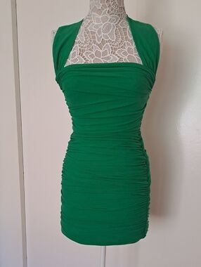 Green Ruched Halter Mini Dress